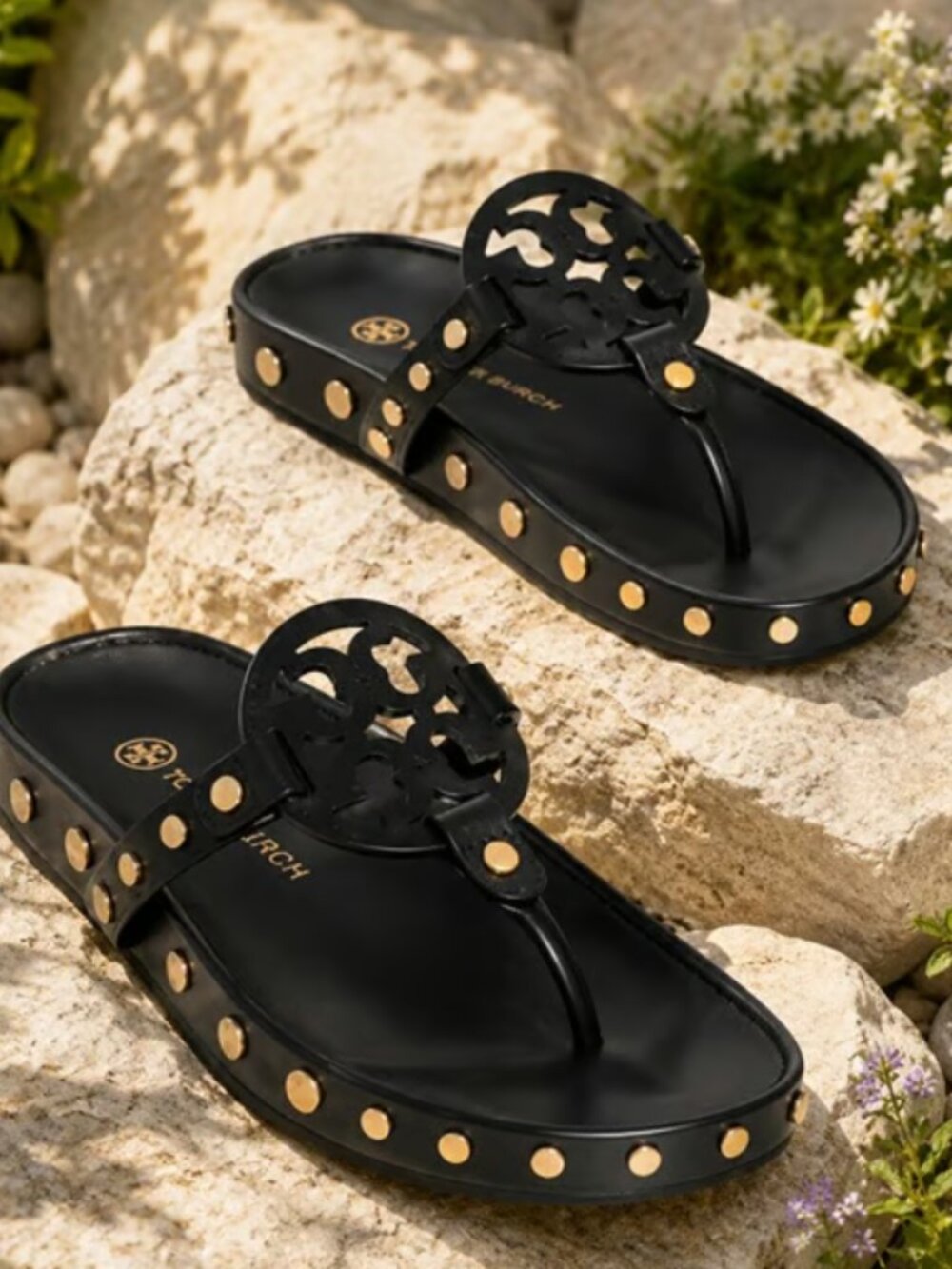 NEW W/ BOX Tory Burch Black Calf Leather Miller Cloud Coin Sandals